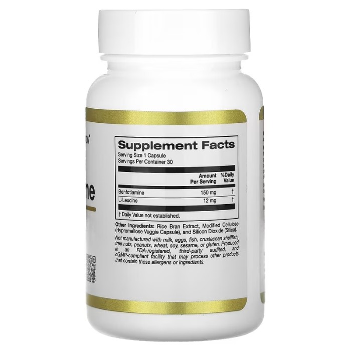 California Gold Nutrition Benfotiamine 150 mg 30 рослинних капсул, бенфотіамін