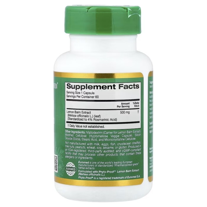 California Gold Nutrition EuroHerbs™ Lemon Balm Extract 500 mg Euromed Quality 60 рослинних капсул, екстракт меліси