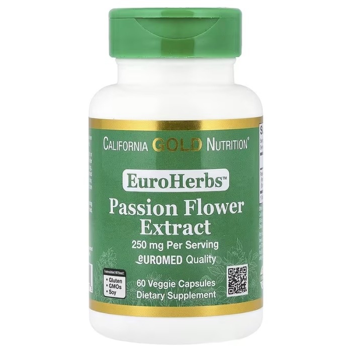 California Gold Nutrition EuroHerbs™ Passion Flower Extract 250 mg Euromed Quality 60 рослинних капсул, екстракт пасифлори