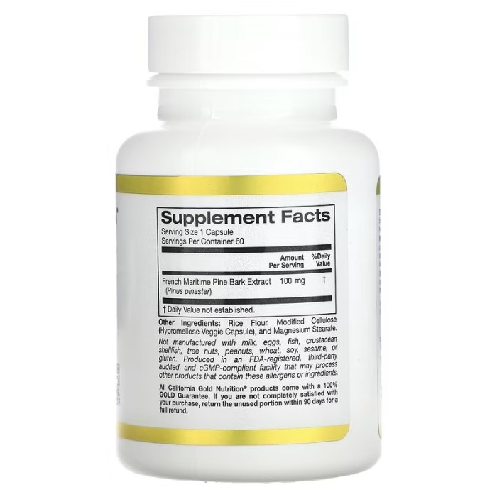 California Gold Nutrition French Maritime Pine Bark Extract 100 мг 60 вегетаріанських капсул, екстракт кори французької приморської сосни