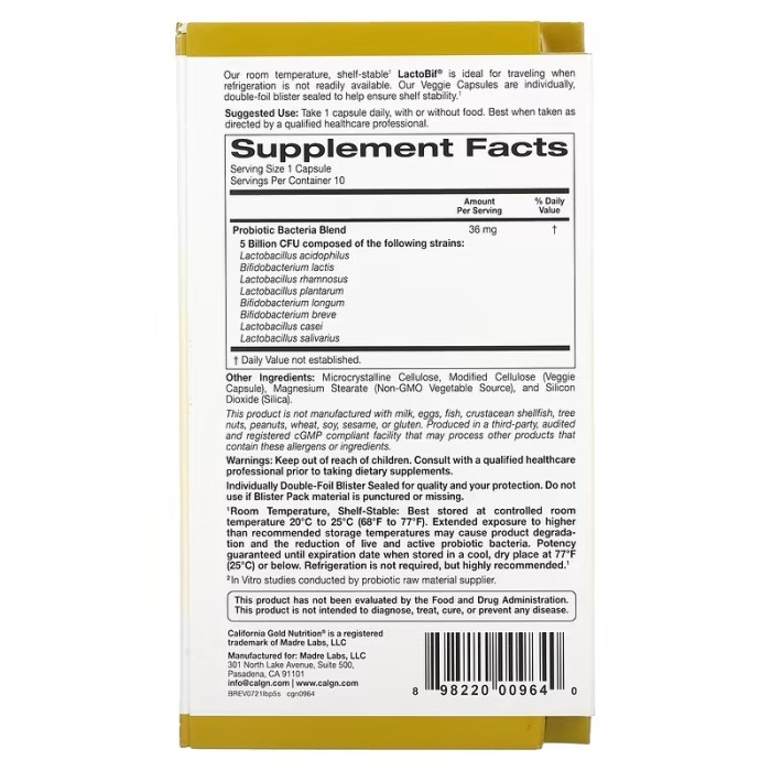 California Gold Nutrition LactoBif Probiotics 5 Billion CFU 10 рослинних капсул, 10 штамів пробіотичних бактерій