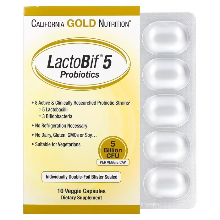 California Gold Nutrition LactoBif Probiotics 5 Billion CFU 10 рослинних капсул, 10 штамів пробіотичних бактерій