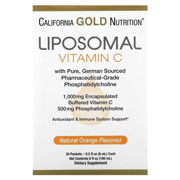 California Gold Nutrition Liposomal Vitamin C 1000 mg 30 пакетиків, ліпосомальний вітамін С з апельсиновим смаком