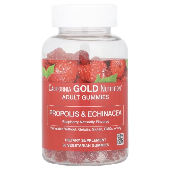 California Gold Nutrition Adult Gummies Propolis & Echinacea Raspberry Naturally Flavored 90 вегетаріанських жувальних таблеток, жувальні таблетки з прополісом і ехінацеєю, натуральна малина