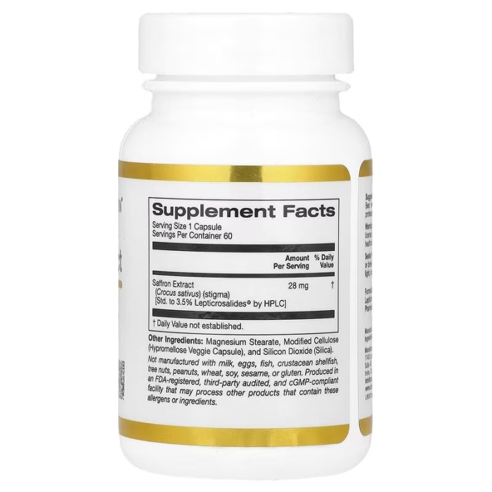 California Gold Nutrition Saffron Extract with Affron 28 мг 60 веганських капсул, екстракт шафрану