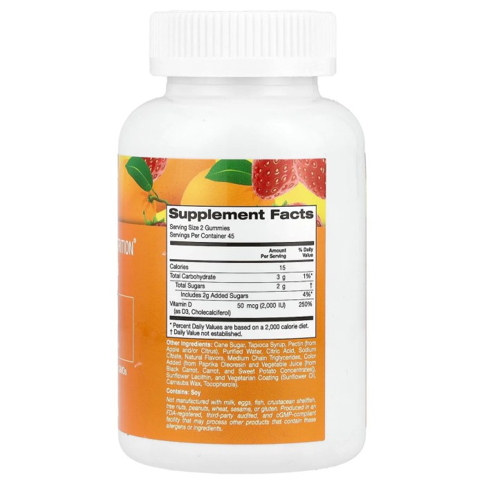 California Gold Nutrition Adult Gummies Vitamin D3 90 вегетаріанських жувальних таблеток, вітамін D3 зі смаком лимона, апельсина та полуниці