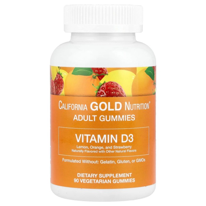 California Gold Nutrition Adult Gummies Vitamin D3 90 вегетаріанських жувальних таблеток, вітамін D3 зі смаком лимона, апельсина та полуниці