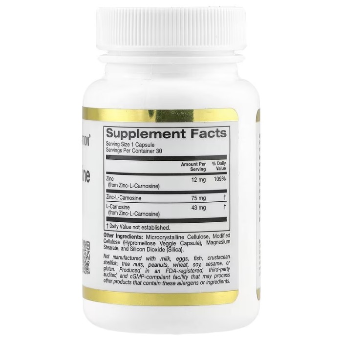 California Gold Nutrition Zinc-L-Carnosine Complex 30 вегетаріанських капсул, комплекс цинк-L-карнозину