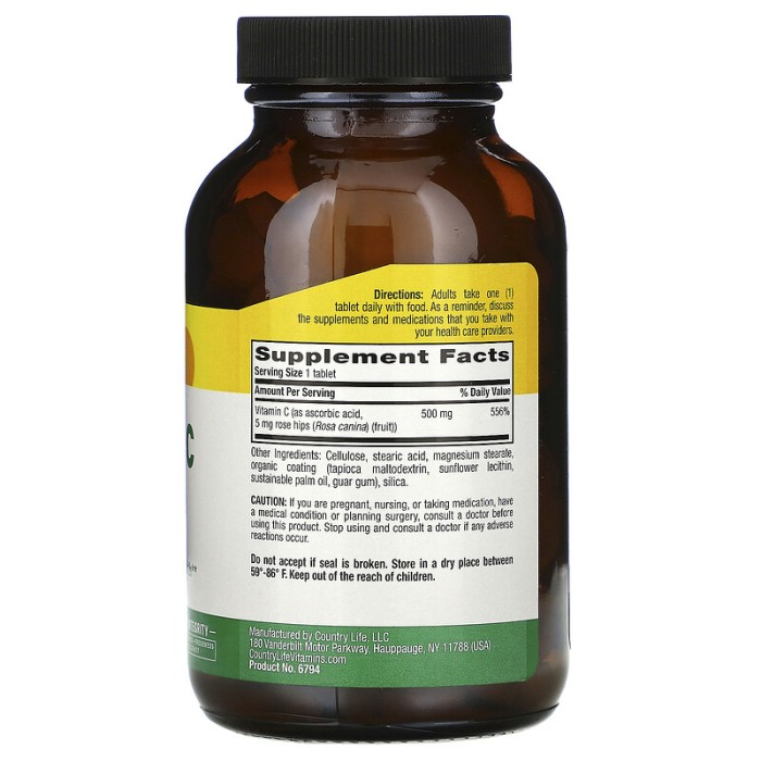 Country Life Vitamin C with Rose Hips 500 mg 250 таблеток, вітамін С з шипшиною