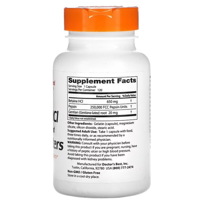 Doctor's Best Betaine HCL Pepsin and Gentian Bitters 120 капсул, гірка настоянка з бетаїнгідрохлоридом, пепсином і тирличем