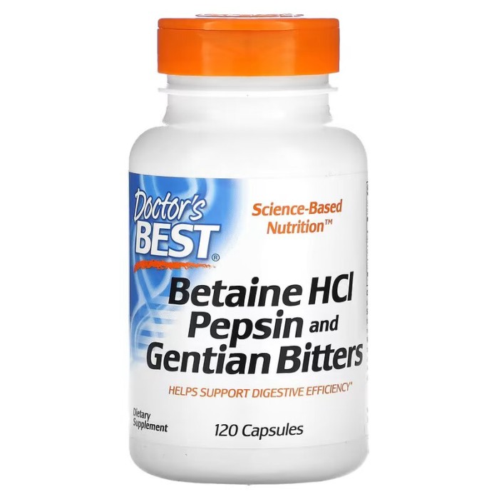 Doctor's Best Betaine HCL Pepsin and Gentian Bitters 120 капсул, гірка настоянка з бетаїнгідрохлоридом, пепсином і тирличем