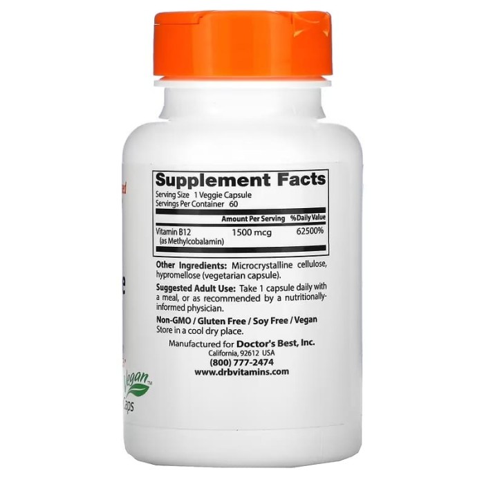 Doctor's Best Fully Active B-12 1500 mcg 180 капсул, метилкобаламін