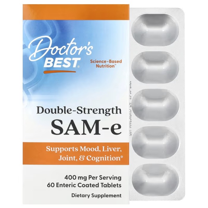 Doctor's Best SAM-e Double Strength 400 mg 60 таблеток, S-аденозил метіонін дисульфат п-толуолсульфонат