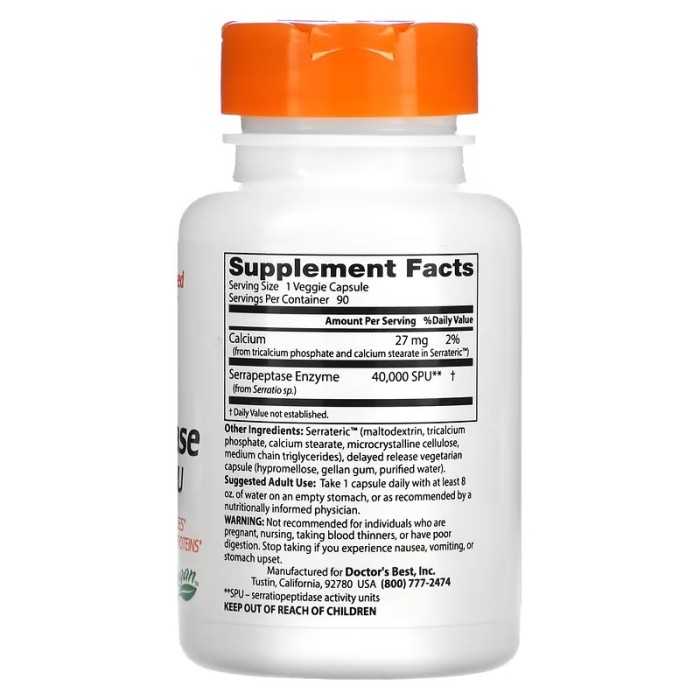 Doctor's Best Serrapeptase 40,000 SPU 90 капсул, фермент серрапептаза