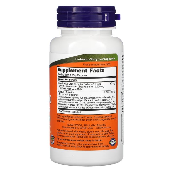 Now Foods Aloe 10,000 & Probiotics, 60 капсул, органічне алое з пробіотиками