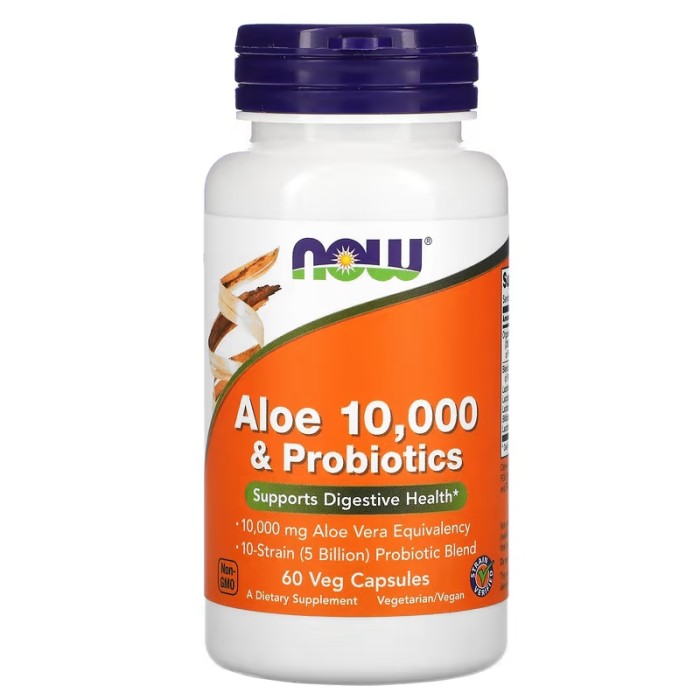 Now Foods Aloe 10,000 & Probiotics, 60 капсул, органічне алое з пробіотиками