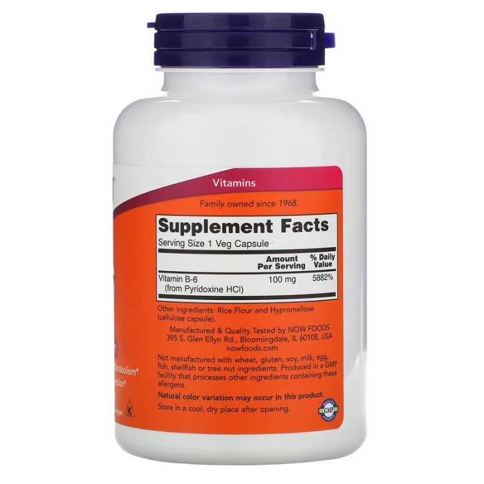 Now Foods B-6 100 mg 250 капсул, піридоксин, вітамін В6