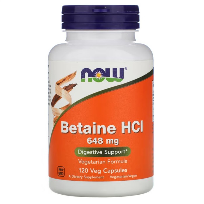 Now Foods Betaine HCL 648 mg 120 капсул, бетаїн HCL з кислотостабільною протеазою