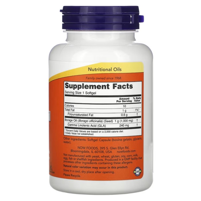 Now Foods Borage Oil 1000 mg Concentration GLA 60 м'яких капсул, олія огірочника