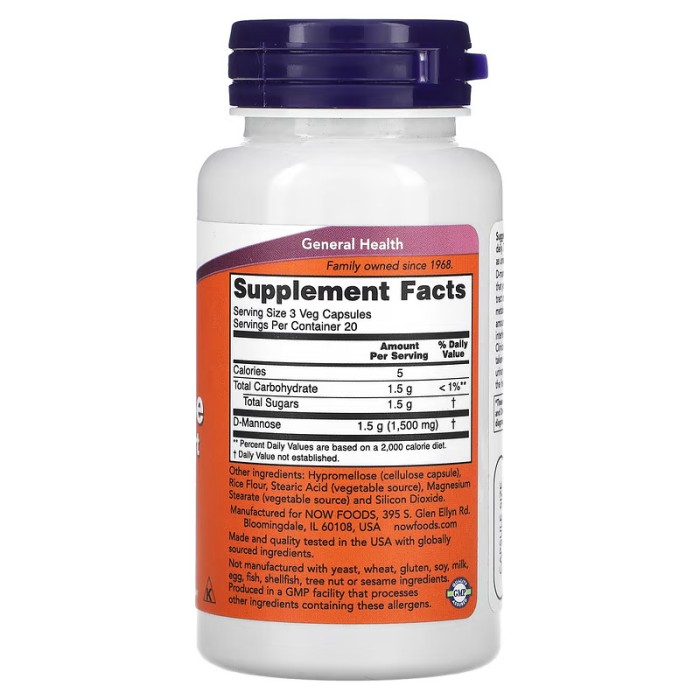 Now Foods D-Mannose 500 mg 60 капсул, D-маноза