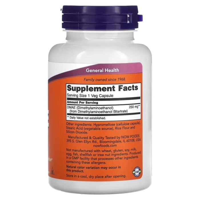 Now Foods DMAE 250 mg 100 капсул, ДМАЕ (диметиламіноетанол)