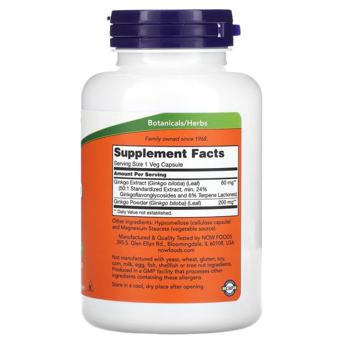 Now Foods Ginkgo Biloba 60 mg 240 капсул, гінкго білоба
