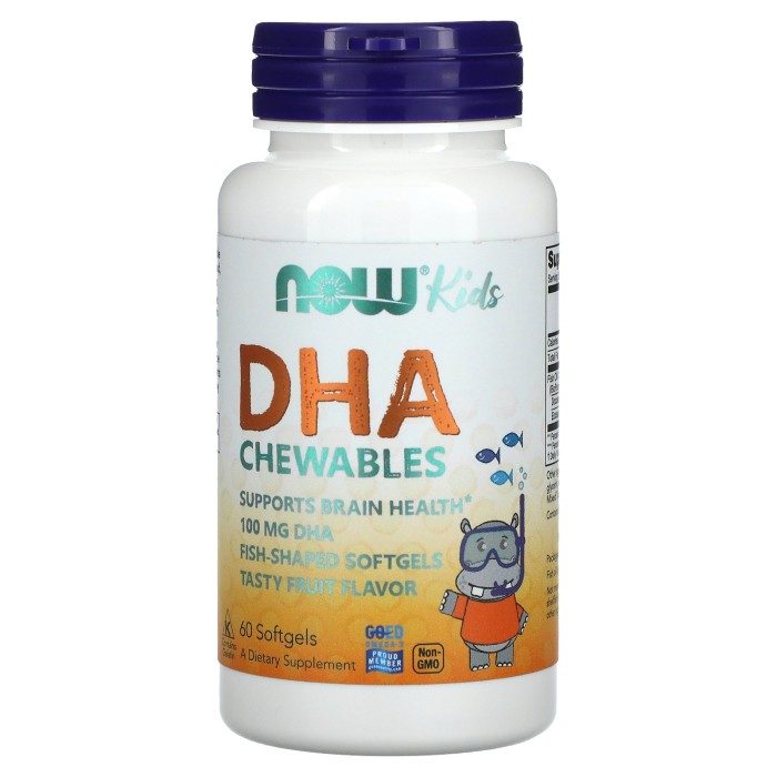 Now Foods Kids Chewable DHA 60 м'яких капсул, риб'ячий жир для дітей та дорослих, у вигляді жувальних капсул в формі рибок з фруктовим смаком