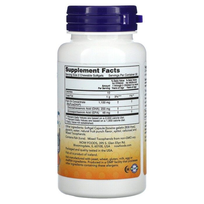 Now Foods Kids Chewable DHA 60 м'яких капсул, риб'ячий жир для дітей та дорослих, у вигляді жувальних капсул в формі рибок з фруктовим смаком