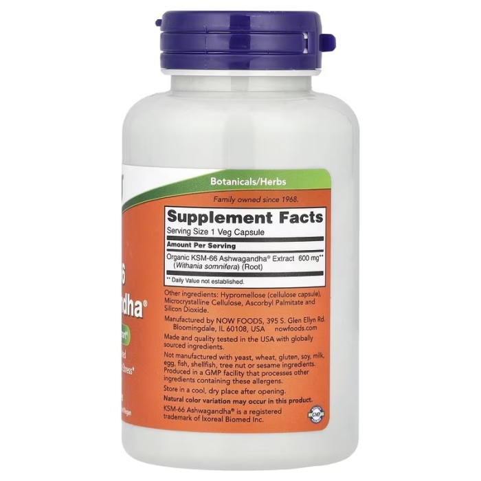 Now Foods KSM-66 Ashwagandha 600 mg 90 капсул, екстракт ашваганди