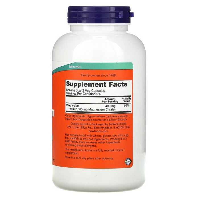 Now Foods Magnesium Citrate 240 капсул, цитрат магнію