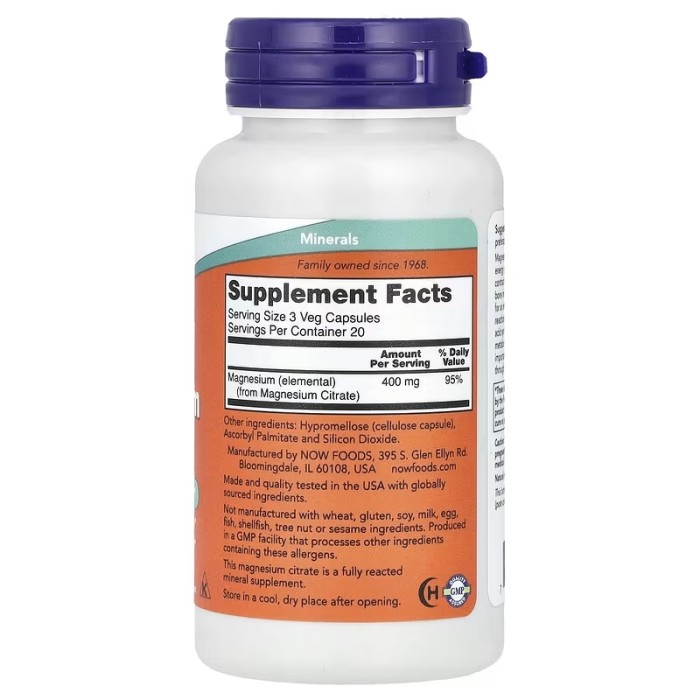 Now Foods Magnesium Citrate 60 капсул, цитрат магнію