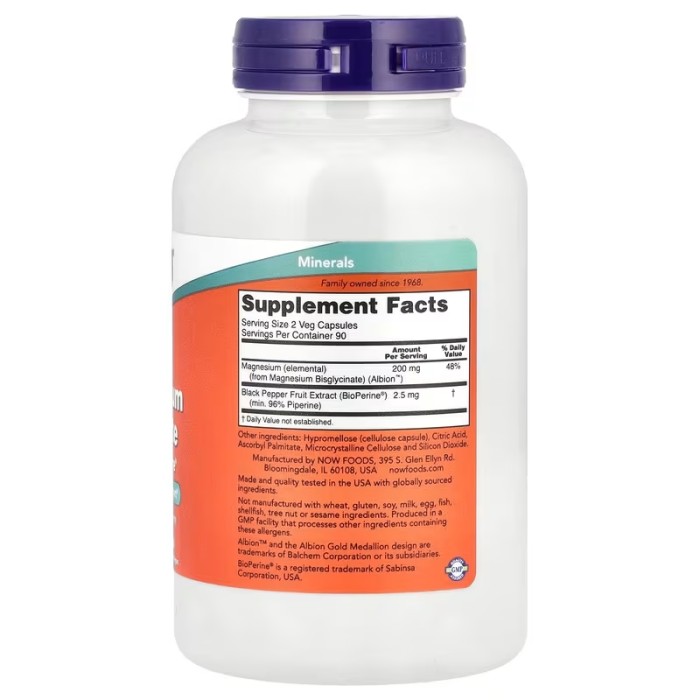 Now Foods Magnesium Glycinate With BioPerine® 180 капсул, гліцинат магнію