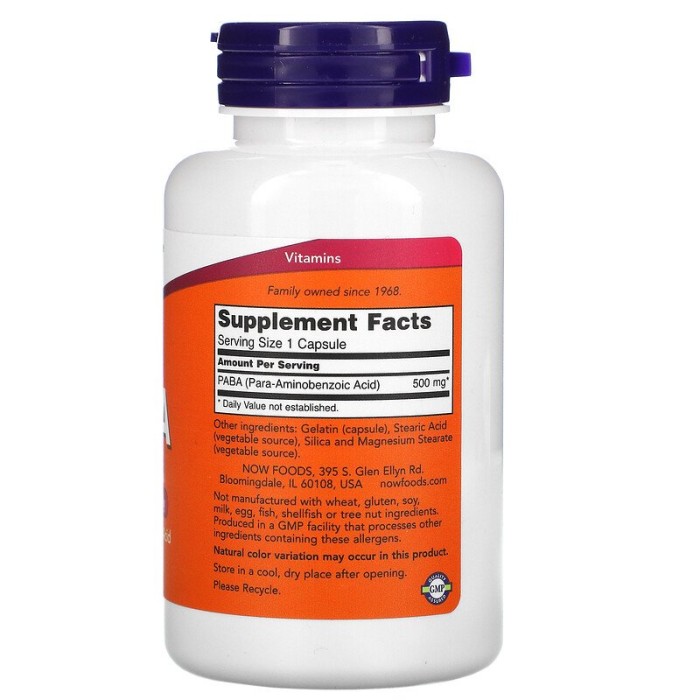 Now Foods PABA 500 mg 100 капсул, пара-амінобензойна кислота