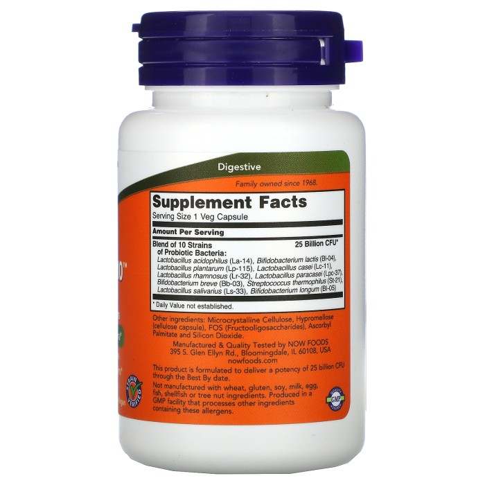 Now Foods Probiotic 10 25 Billion 50 рослинних капсул, 10 штамів пробіотичних бактерій