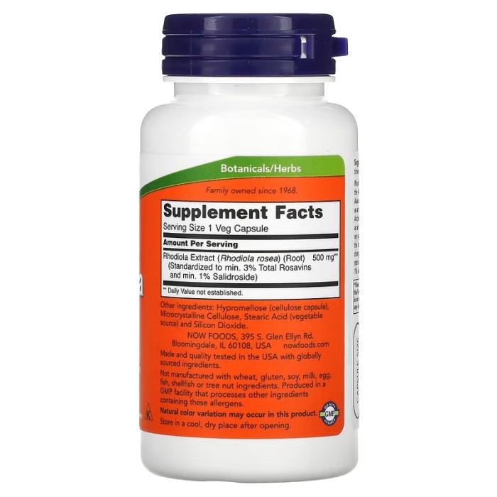 Now Foods Rhodiola 500 mg 60 вегетаріанських капсул, екстракт кореня родіоли рожевої