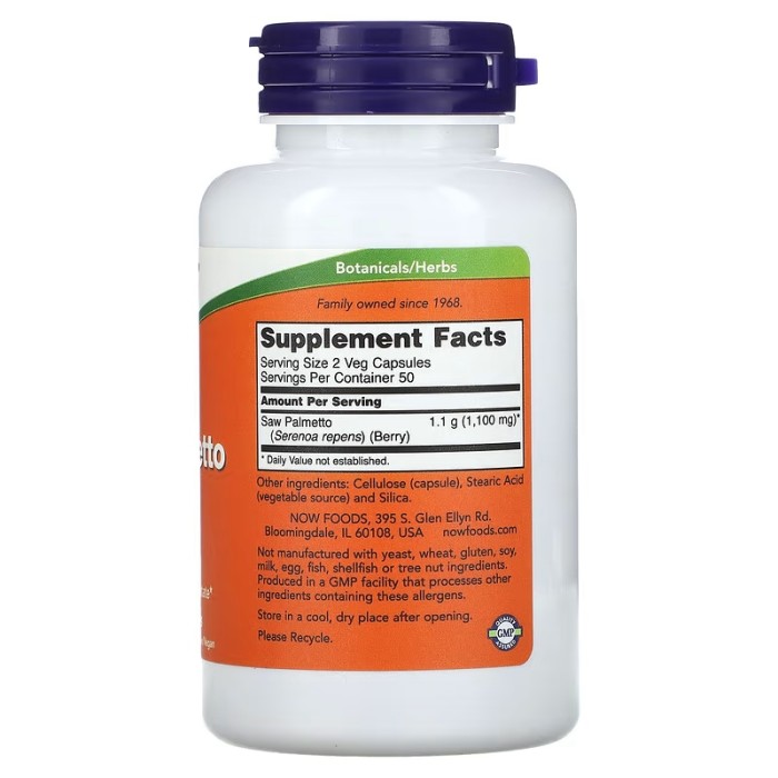 Now Foods Saw Palmetto Berries 550 mg 100 капсул, ягоди пальма сереноя