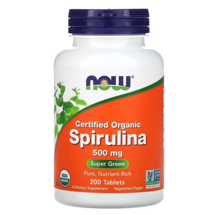 Now Foods Spirulina 500 mg 200 таблеток, органічна спіруліна