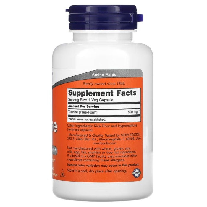 Now Foods Taurine 500 mg 100 капсул, таурин