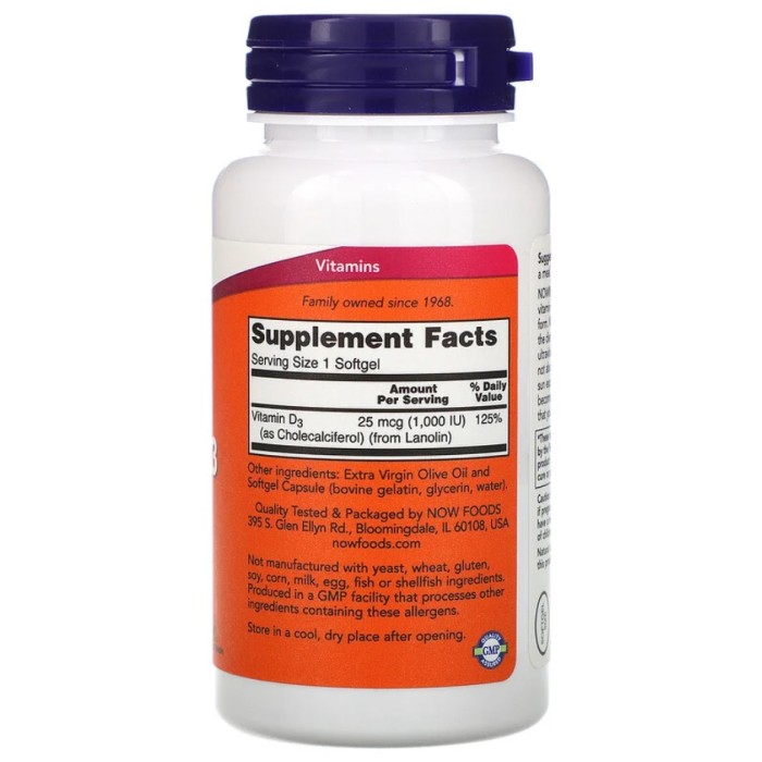 Now Foods Vitamin D-3 1000 IU 180 капсул, вітамін д