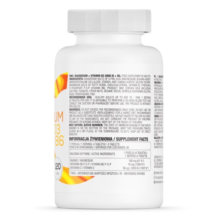 OstroVit Magnesium + Vitamin D3 2000 IU + B6 120 таблеток, цитрат магнію, вітамін D3 та вітамін В6