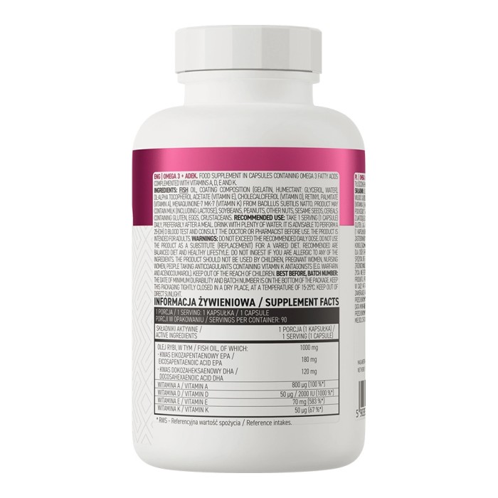 OstroVit Omega 3 + ADEK 90 капсул, жиророзчинні вітаміни A, D, E і К та омега-3 кислоти