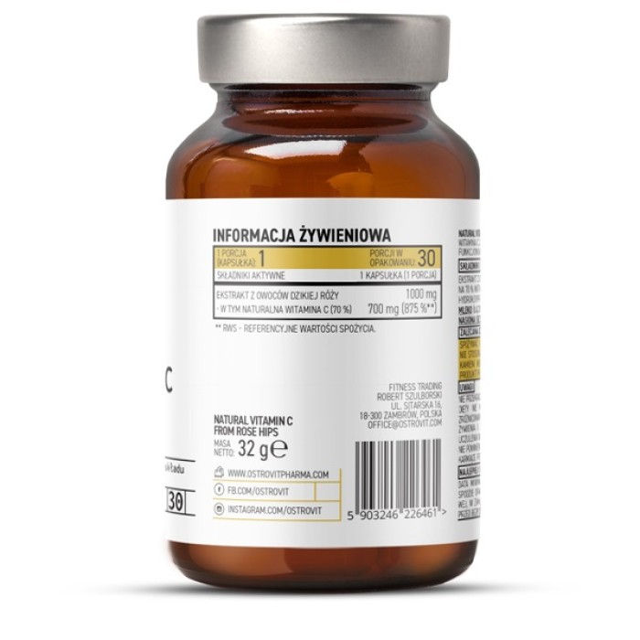 OstroVit Pharma Natural Vitamin C from Rose Hips 30 капсул, натуральний вітамін C з плодів шипшини