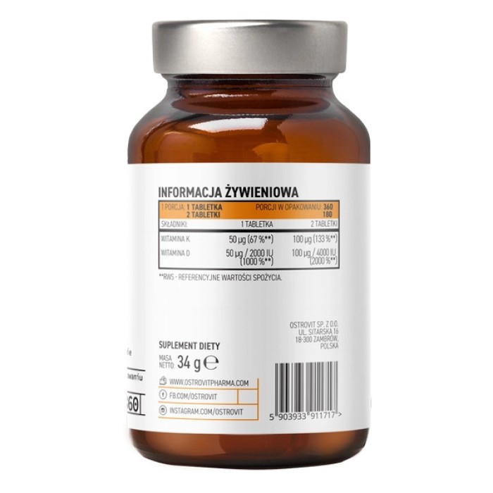 OstroVit Pharma Vitamin D3 2000 IU + K2 Lozenges 360 жувальних таблеток, вітамін D3 + К2 МК-7