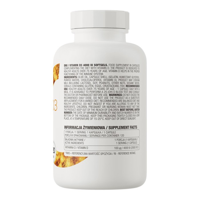 OstroVit Vitamin D3 4000 120 гелевих капсул, вітамін д3 в формі холекальциферолу