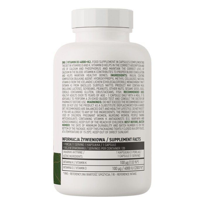 OstroVit Vitamin D3 4000 + K2 Vege 120 капсул, вітамін Д3 + К2