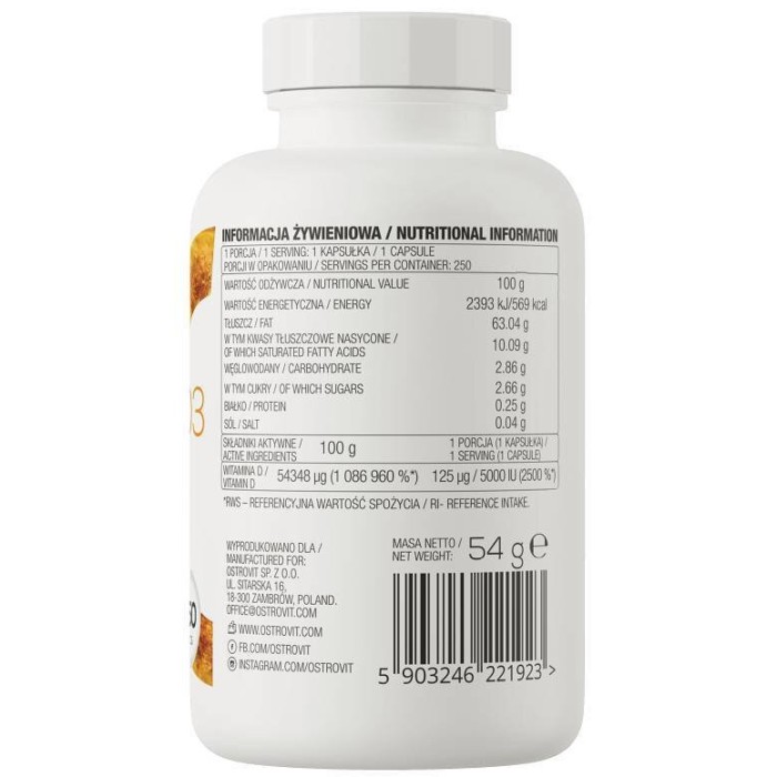OstroVit Vitamin D3 5000 IU 250 капсул, жиророзчинний вітамін Д