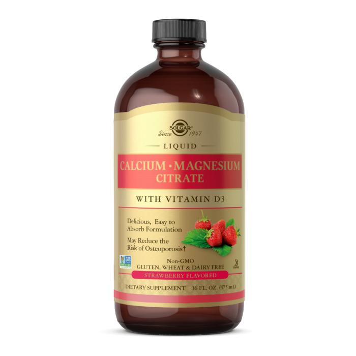 Solgar Calcium Magnesium Citrate with Vitamin D3 473 мл, цитрат магнію та кальцію з вітаміном D3, у рідкій формі, зі смаком полуниці