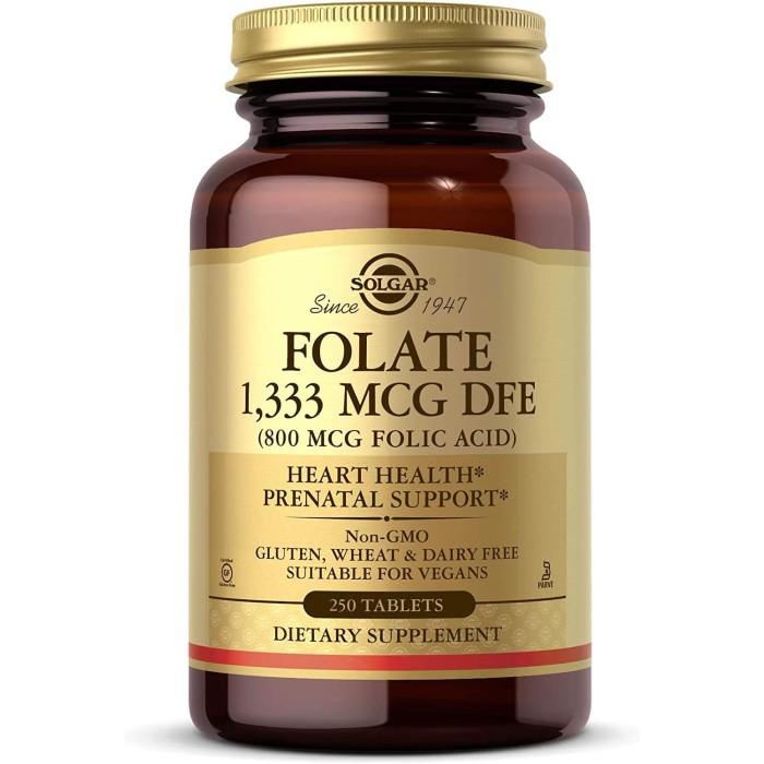 Solgar Folate 1,333 MCG DFE (800 MCG Folic Acid) 250 таблеток, фолієва кислота