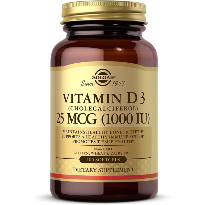 Solgar Vitamin D3 (Cholecalciferol) 25 MCG (1000 IU) 100 м'яких капсул, вітамін D3 (холекальциферол)