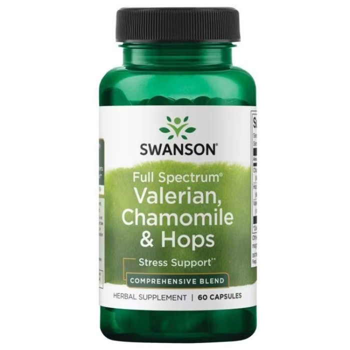 Swanson Valerian, Chamomile & Hops 60 капсул, валеріана, ромашка та хміль